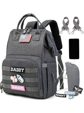 Stylish Tactical Diaper Backpack with USB Port for Parents - Dark Grey